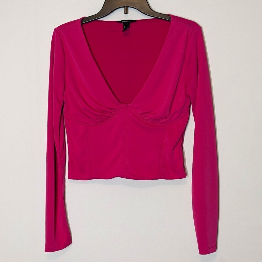 FOREVER 21 Pink Long Sleeve Bustier Crop Top; Underwire; Side Zip; Size L